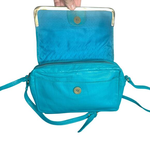 ASOS Turquoise Blue Woven Leather Crossbody Bag Gold Trim Adjustable Strap - Picture 4 of 10